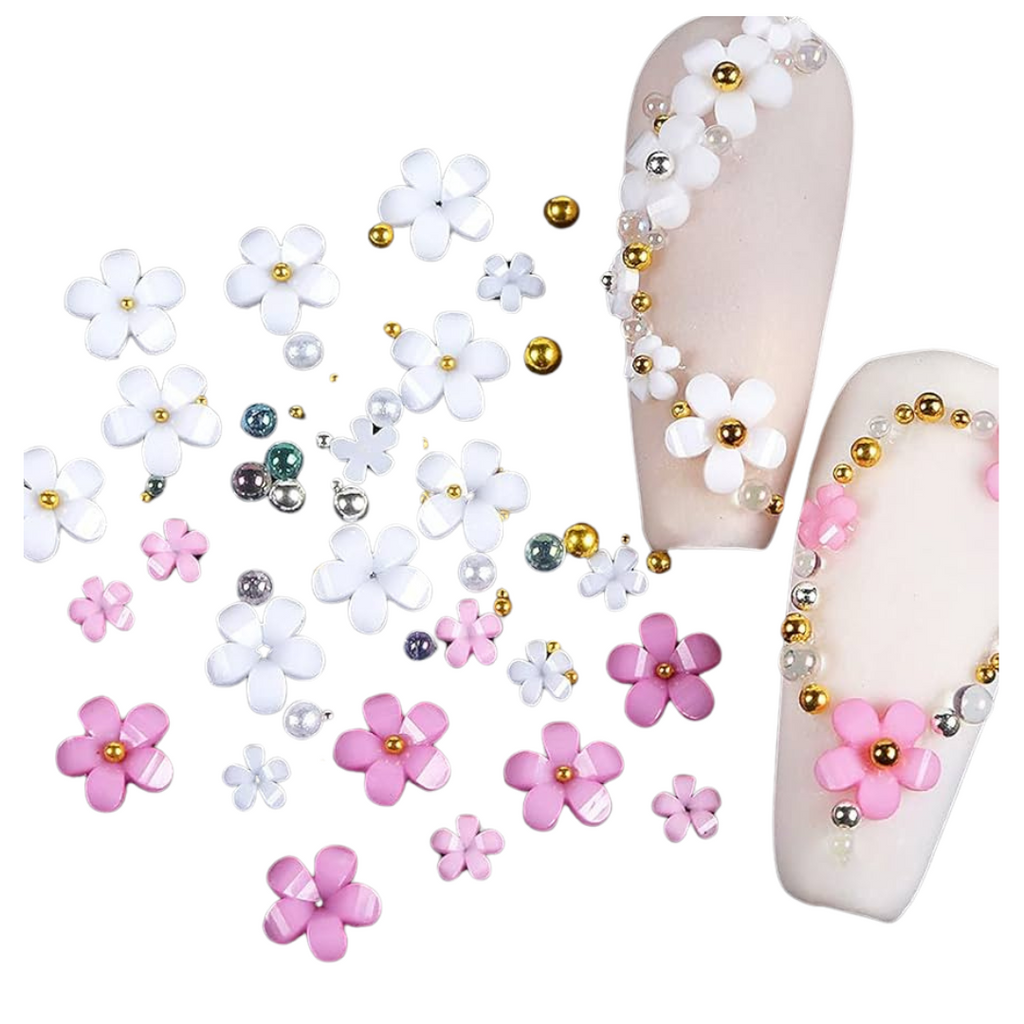 Decoración Flores 3D Para Uñas Caja Con 6 Rosa y Blanco