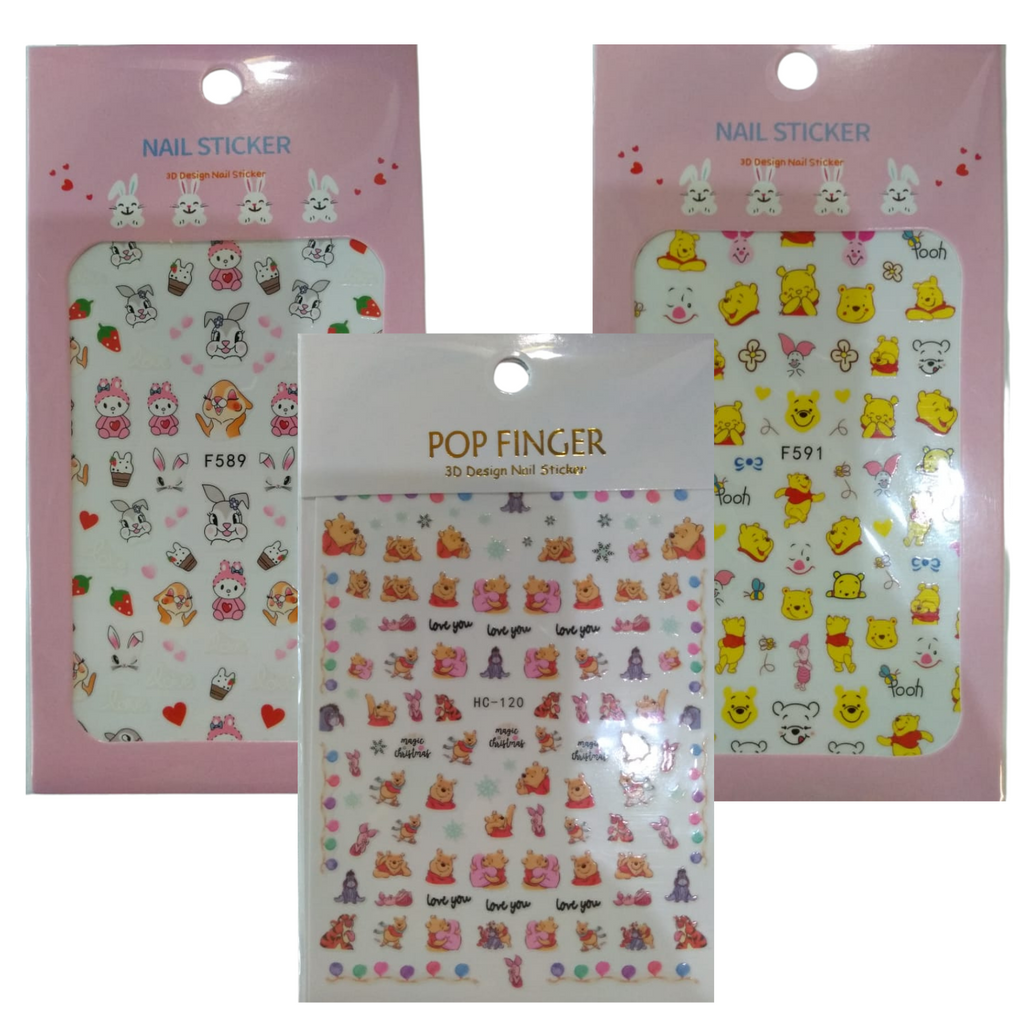 Calcomanías Stickers para Uñas Pooh y Conejos Paquete con 3 Piezas