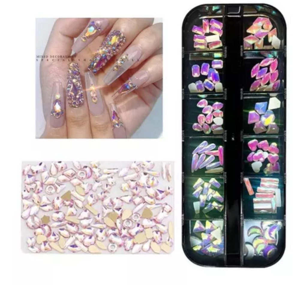 Decoración de uñas Cristales 12 modelos con 74 piezas color rosa