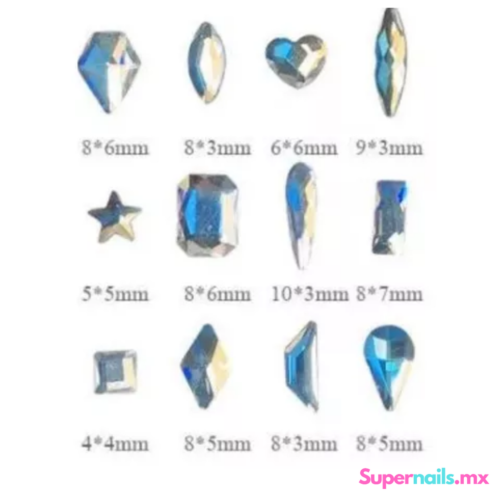 Decoración de uñas Cristales 12 modelos con 74 piezas color tornasol