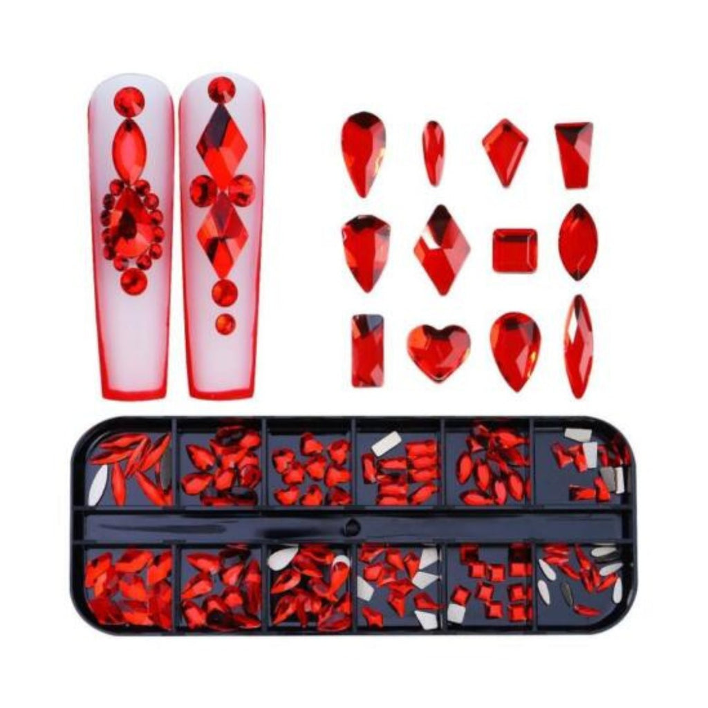 Decoración de uñas Cristales 12 modelos con 74 piezas color rojo