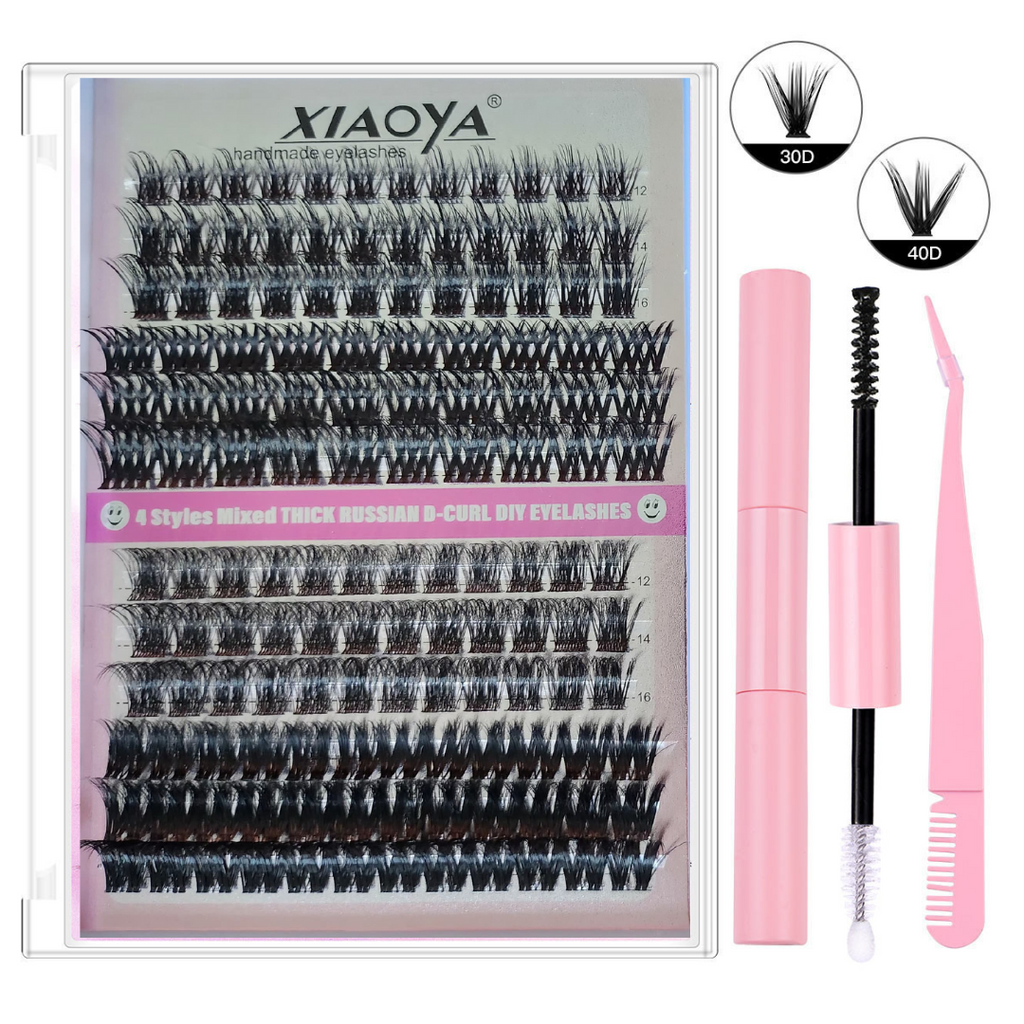 KIT PESTAÑAS XIAOYA ROSA CON PINZAS Y BOND Modelo 706