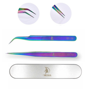 Pinzas para Extension de Pestañas 1 x 1 Mussa Camaleon 2 piezas y Estuche plata